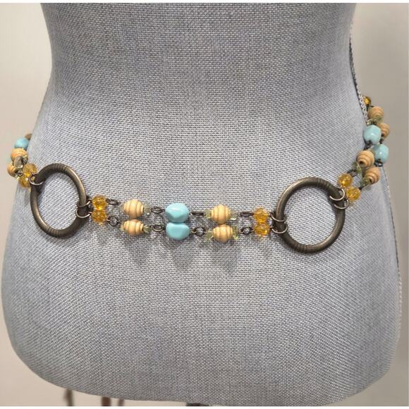 Boho Beaded Chain Belt Leather Fringe Turquoise Wood Beads Antique Gold Western main image 7